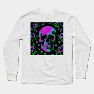 Neon Floral Abstract Skull Colorful Roses Design Long Sleeve T-Shirt